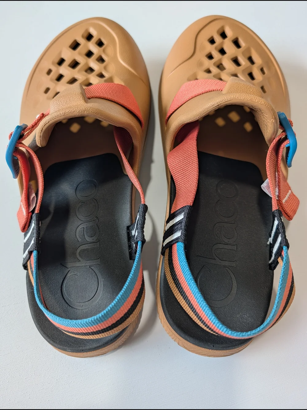 Chaco Chillos Clog Mules Camel Brown Colorblock Teal Pink Strap Mens Size 10